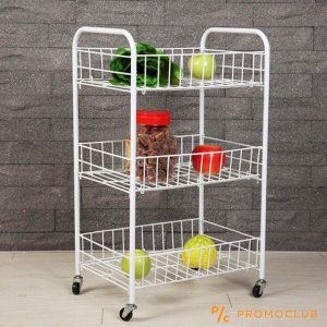 Метална кухненска етажерка на колела с три рафта, висока 70 см, бяла